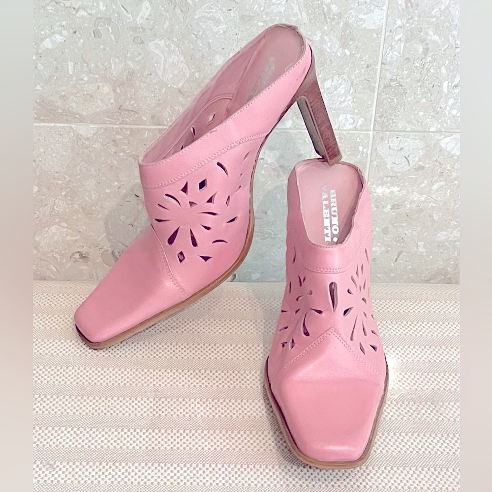 Bruno Valenti Alison, Leather Laser Cut Details, Squared-Toe Mules, Size 8.5